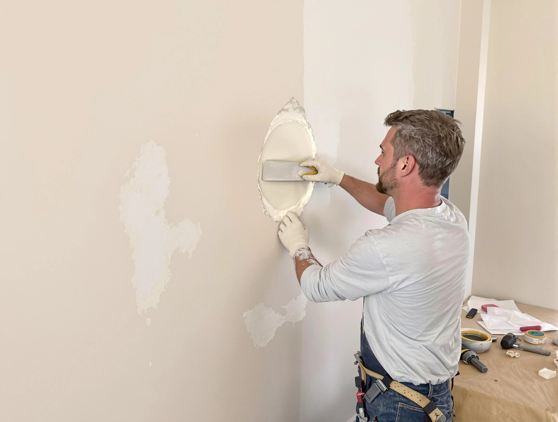 Akron House Painters technician patching a drywall hole in Akron, OH