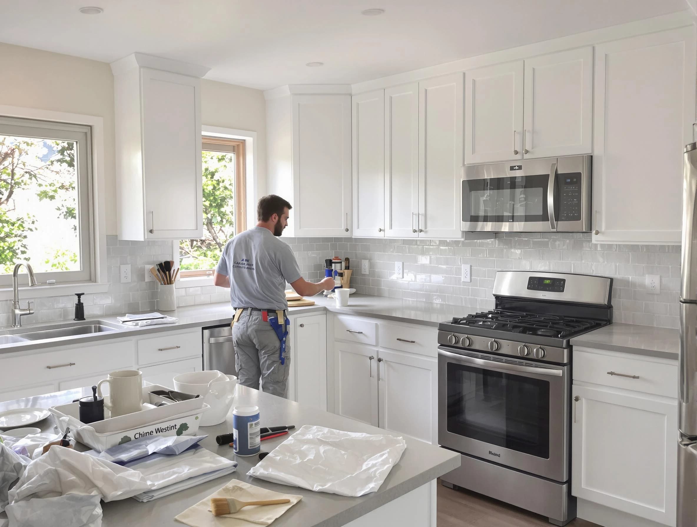 Akron House Painters applying fresh paint on kitchen cabinets in Akron