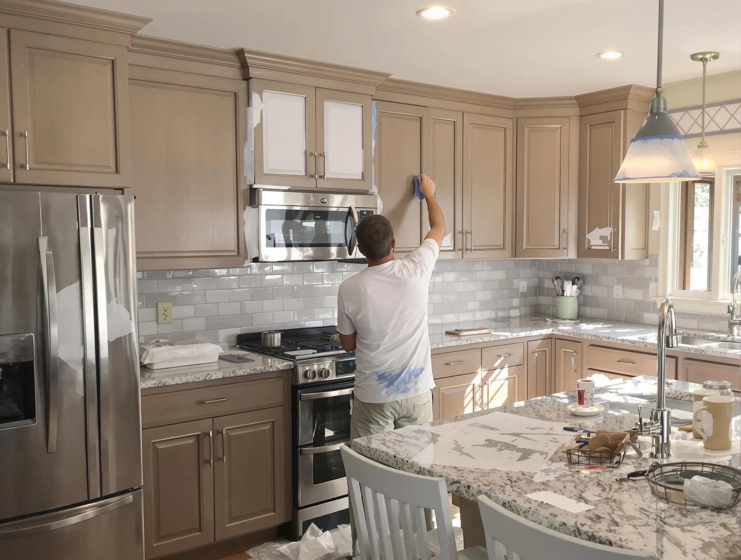 Before-and-after view of kitchen painting by Akron House Painters in Akron