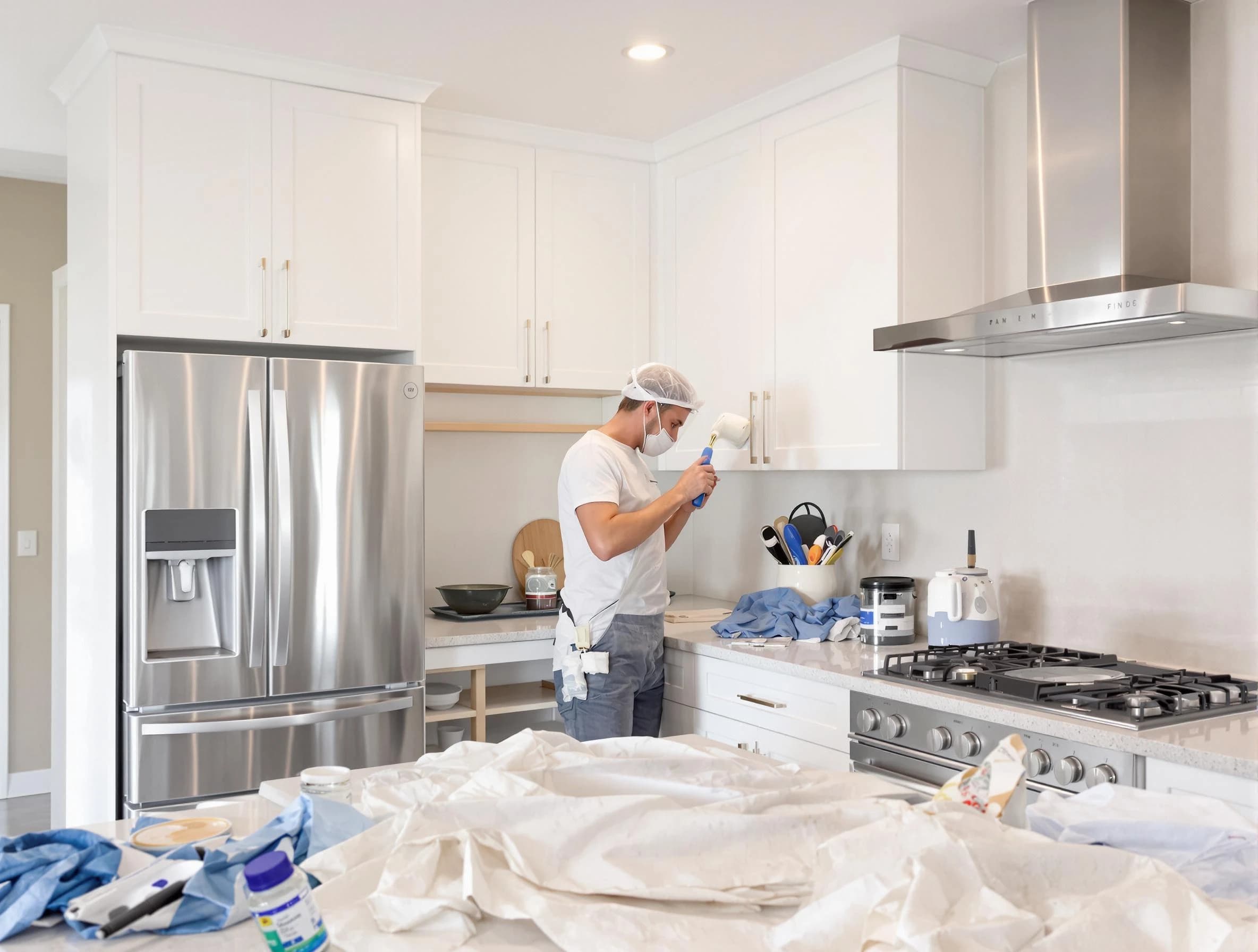 Akron House Painters painter applying a fresh coat in a kitchen located in Akron, OH