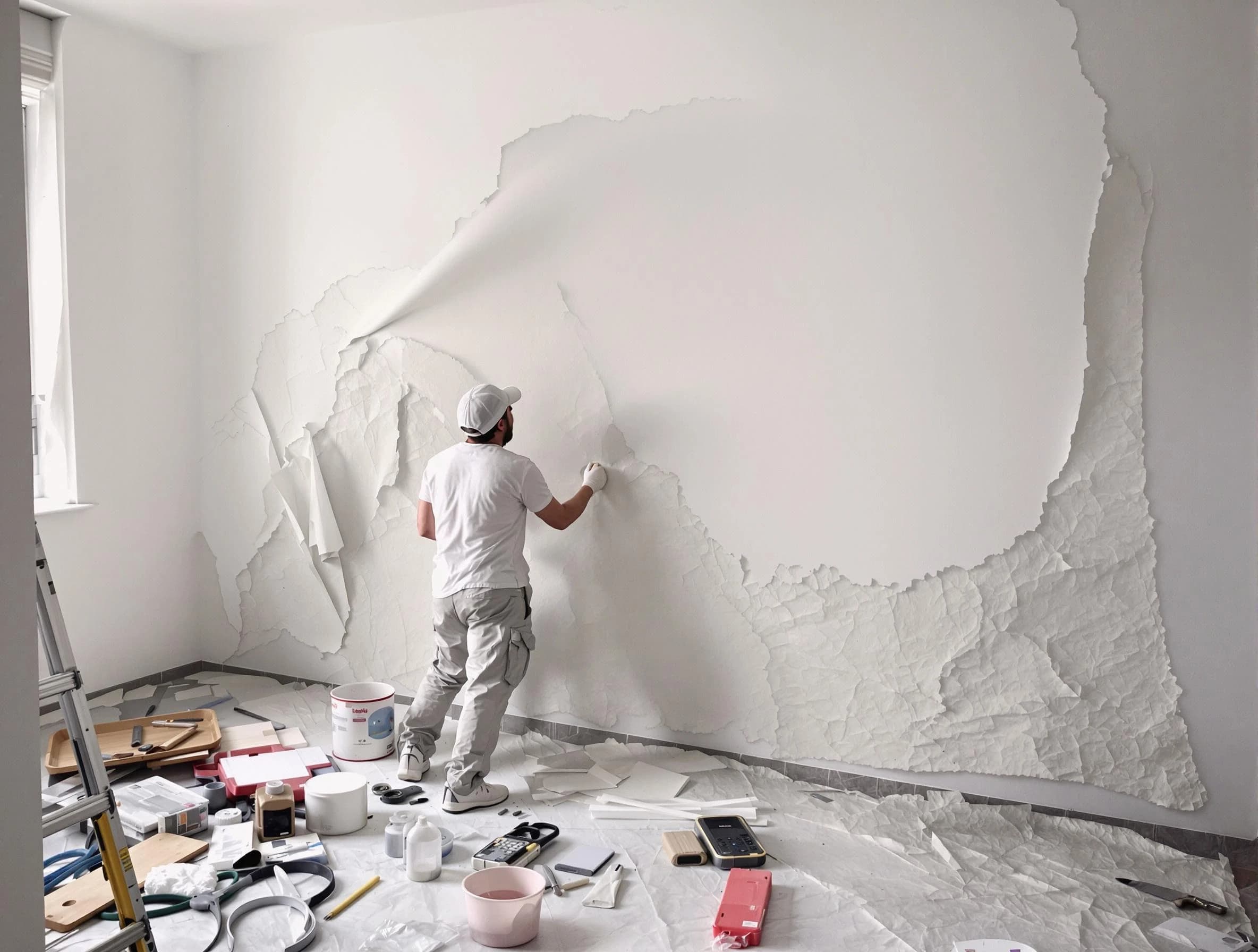 Removing old wallpaper to reveal clean walls by Akron House Painters in Akron