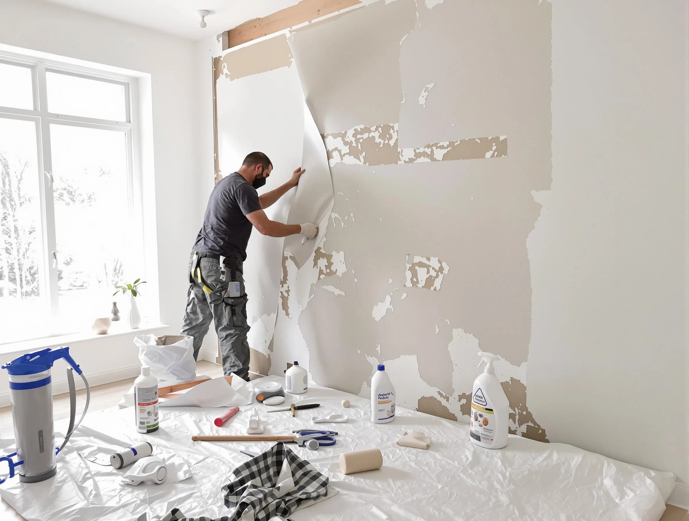 Akron House Painters technician removing wallpaper in Akron, OH