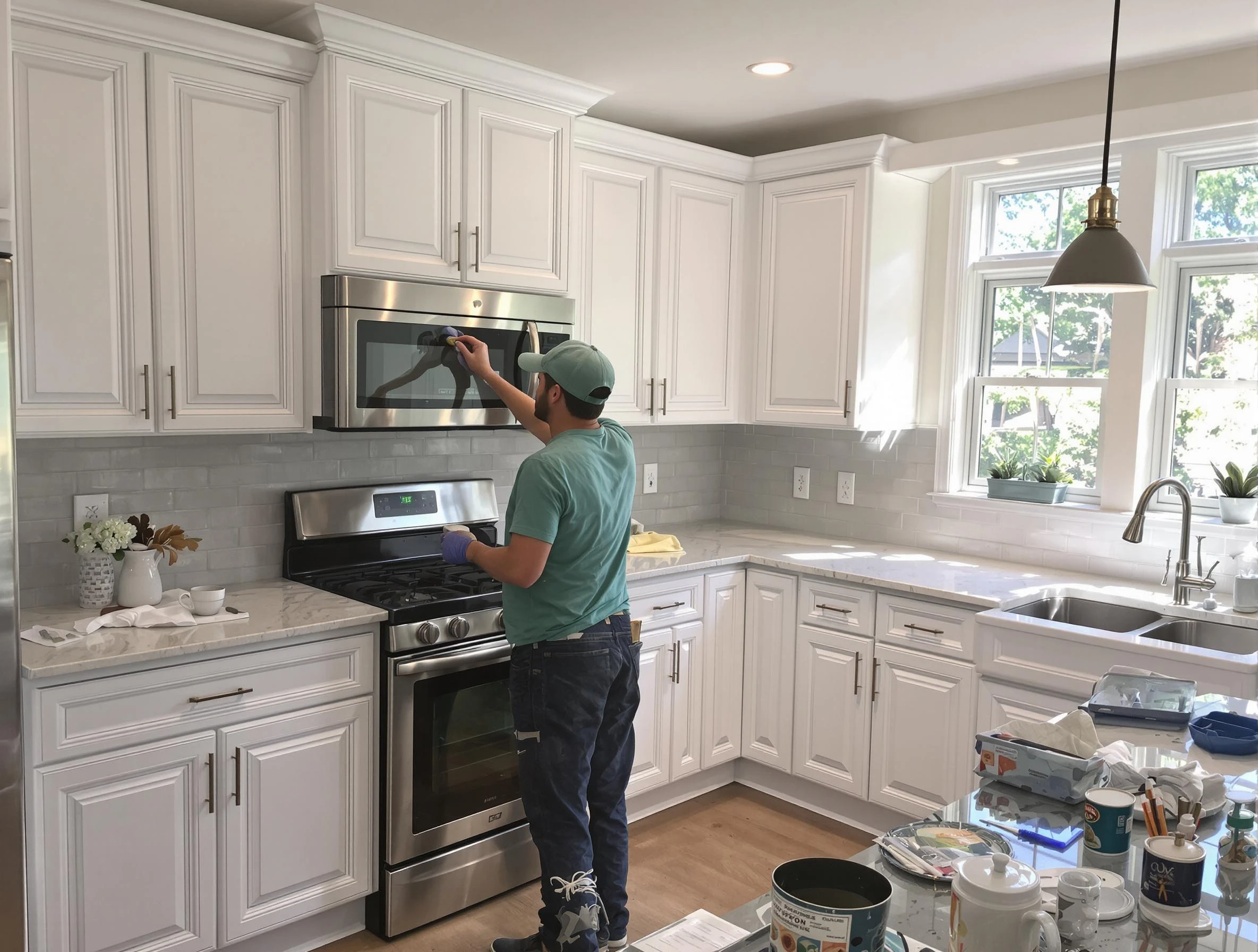 Kitchen cabinets being refinished by Akron House Painters in Akron, OH