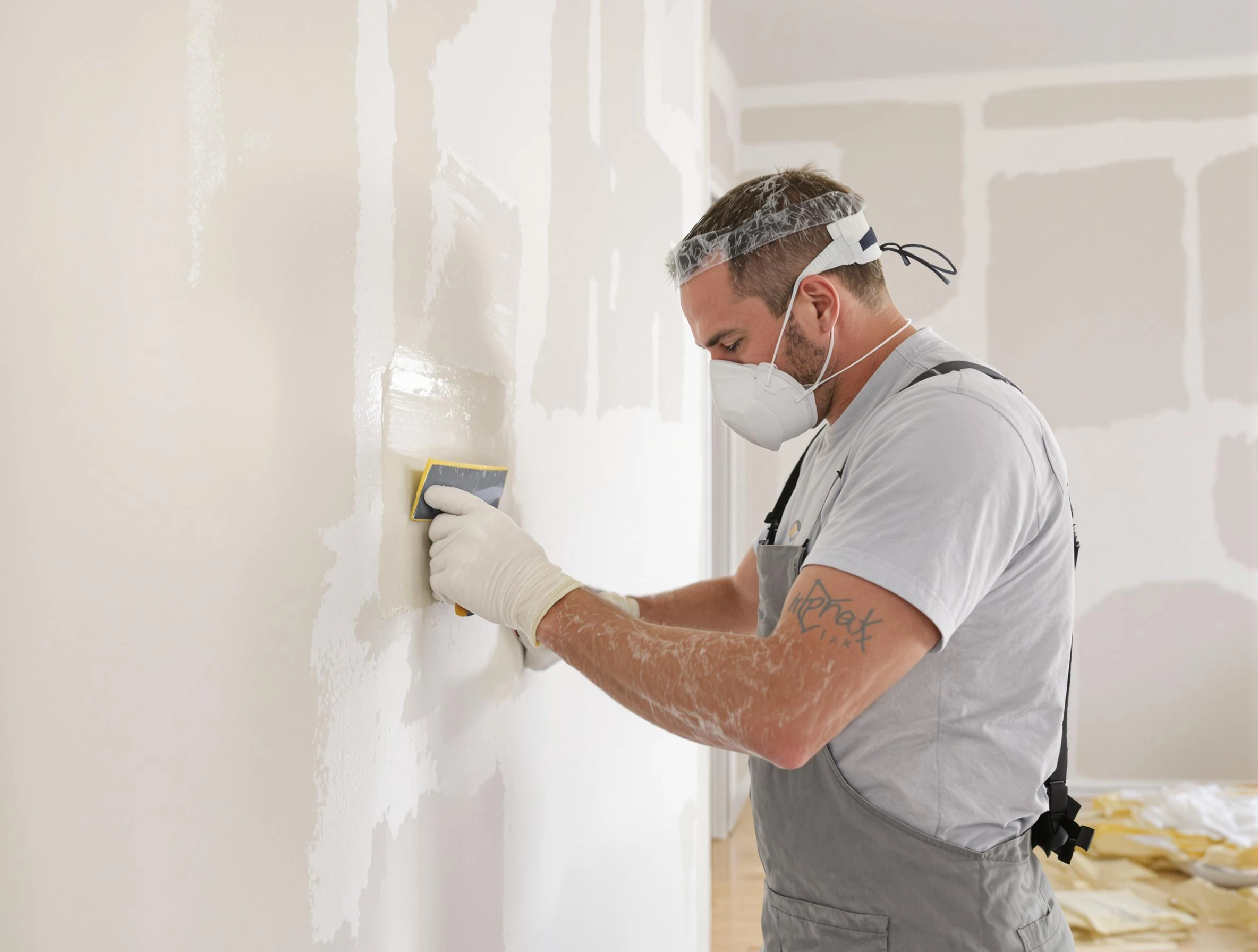 Akron House Painters technician applying mud to drywall seams in Akron, OH